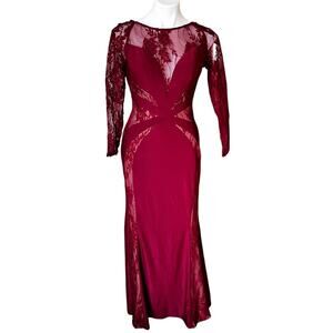 Elegant Burgundy Lace Evening Dress lace overlay Ruby embellishment size 8